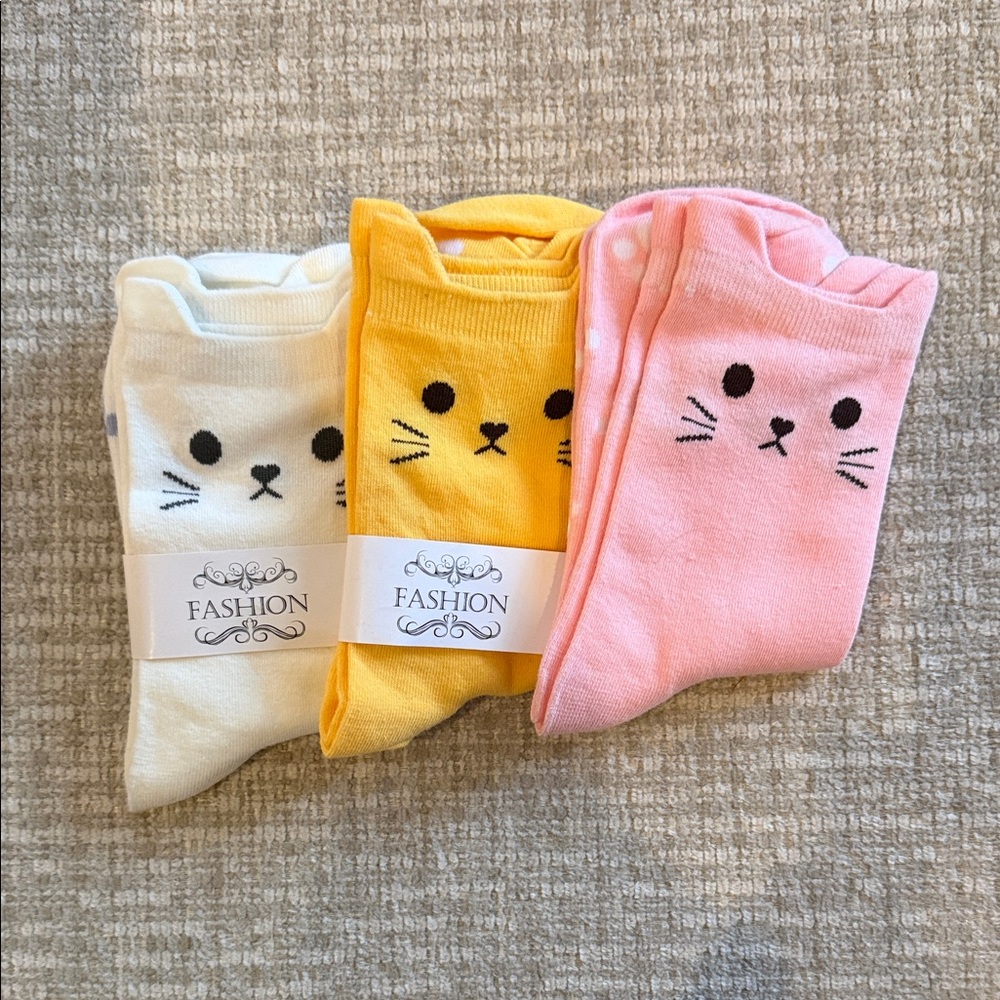 Cute Cat Face Socks Set - White, Yellow, Pink